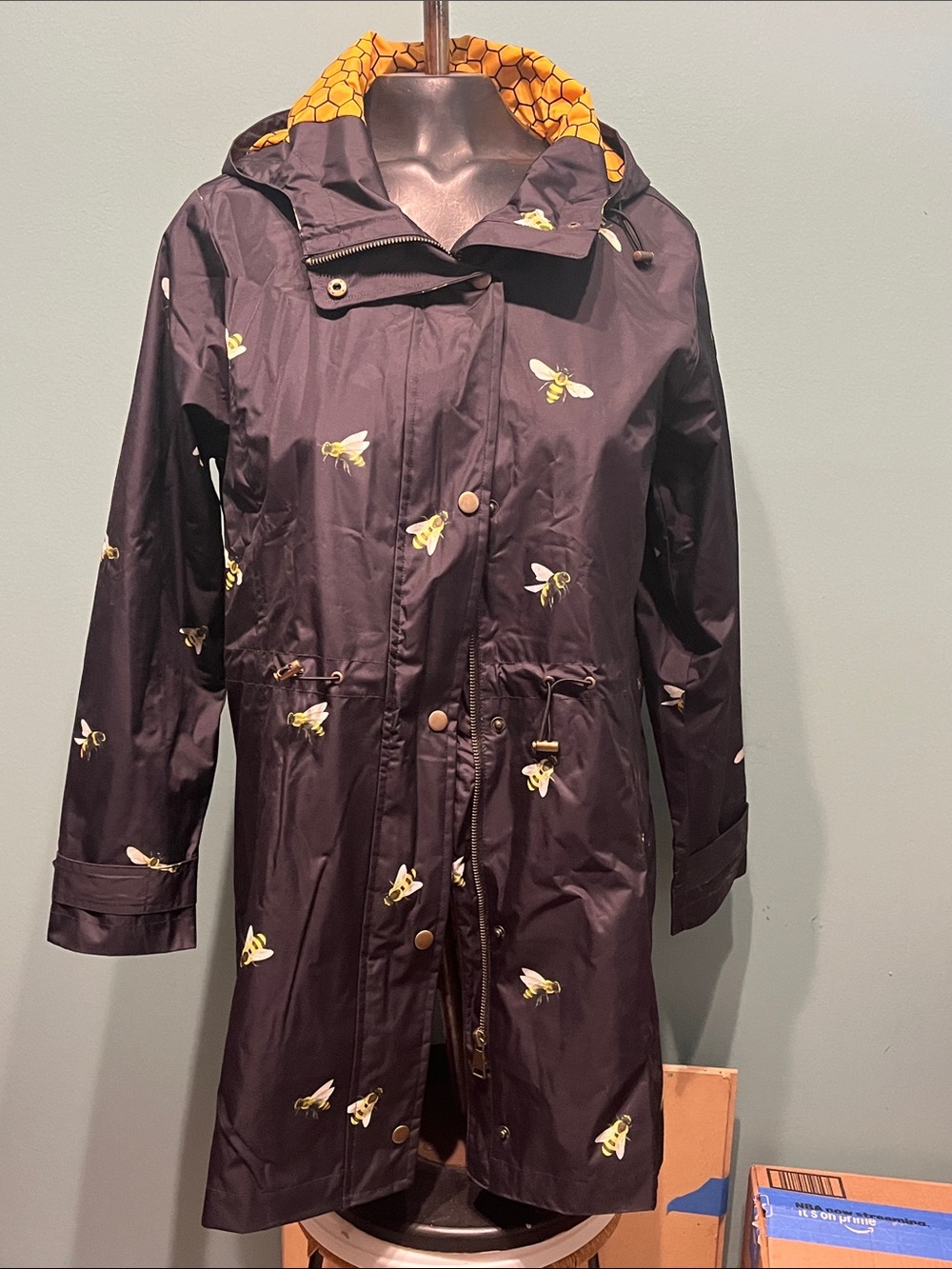 Black Bee-Print Hooded Raincoat with Yellow Lining